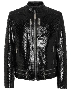 PHILIPP PLEIN Python Zipped Leather Moto Jacket>Uomo Giacche Di Pelle|Giacche E Cappotti