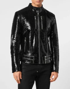 PHILIPP PLEIN Python Zipped Leather Moto Jacket>Uomo Giacche Di Pelle|Giacche E Cappotti