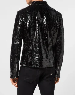 PHILIPP PLEIN Python Zipped Leather Moto Jacket><noscript><img data-lazyloaded=