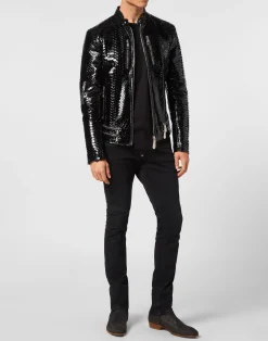 PHILIPP PLEIN Python Zipped Leather Moto Jacket><noscript><img data-lazyloaded=