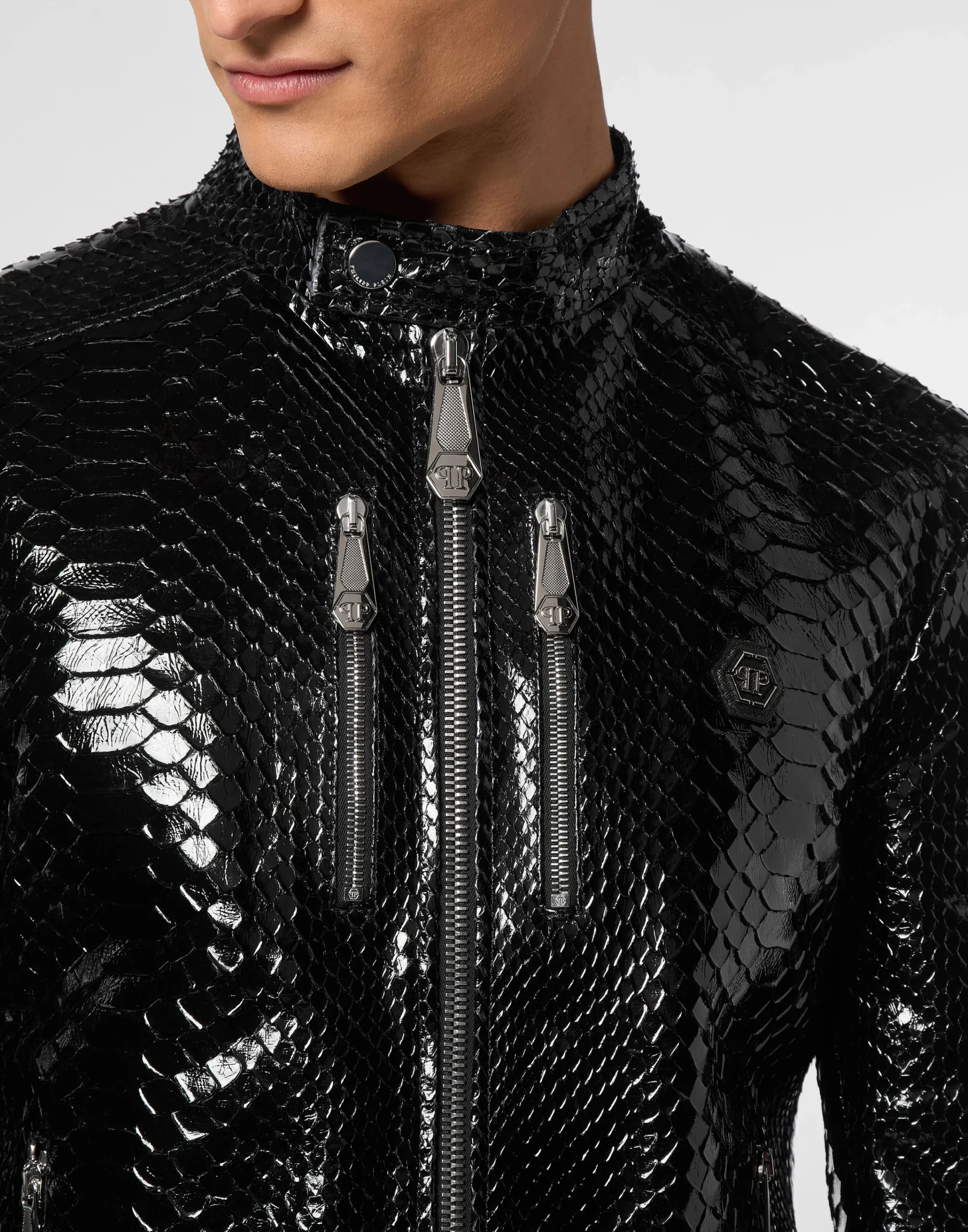 PHILIPP PLEIN Python Zipped Leather Moto Jacket>Uomo Giacche Di Pelle|Giacche E Cappotti