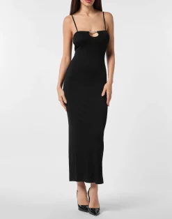 PHILIPP PLEIN Rib Straight Across Midi Dress>Donna Abiti E Gonne