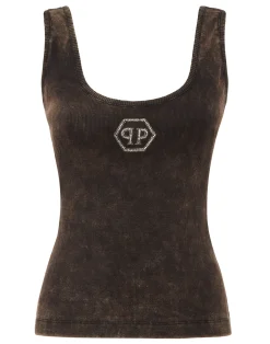 PHILIPP PLEIN Rib Tank Top Stones Wash Hexagon>Donna Top