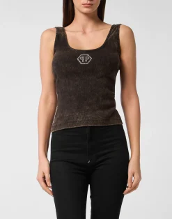 PHILIPP PLEIN Rib Tank Top Stones Wash Hexagon>Donna Top
