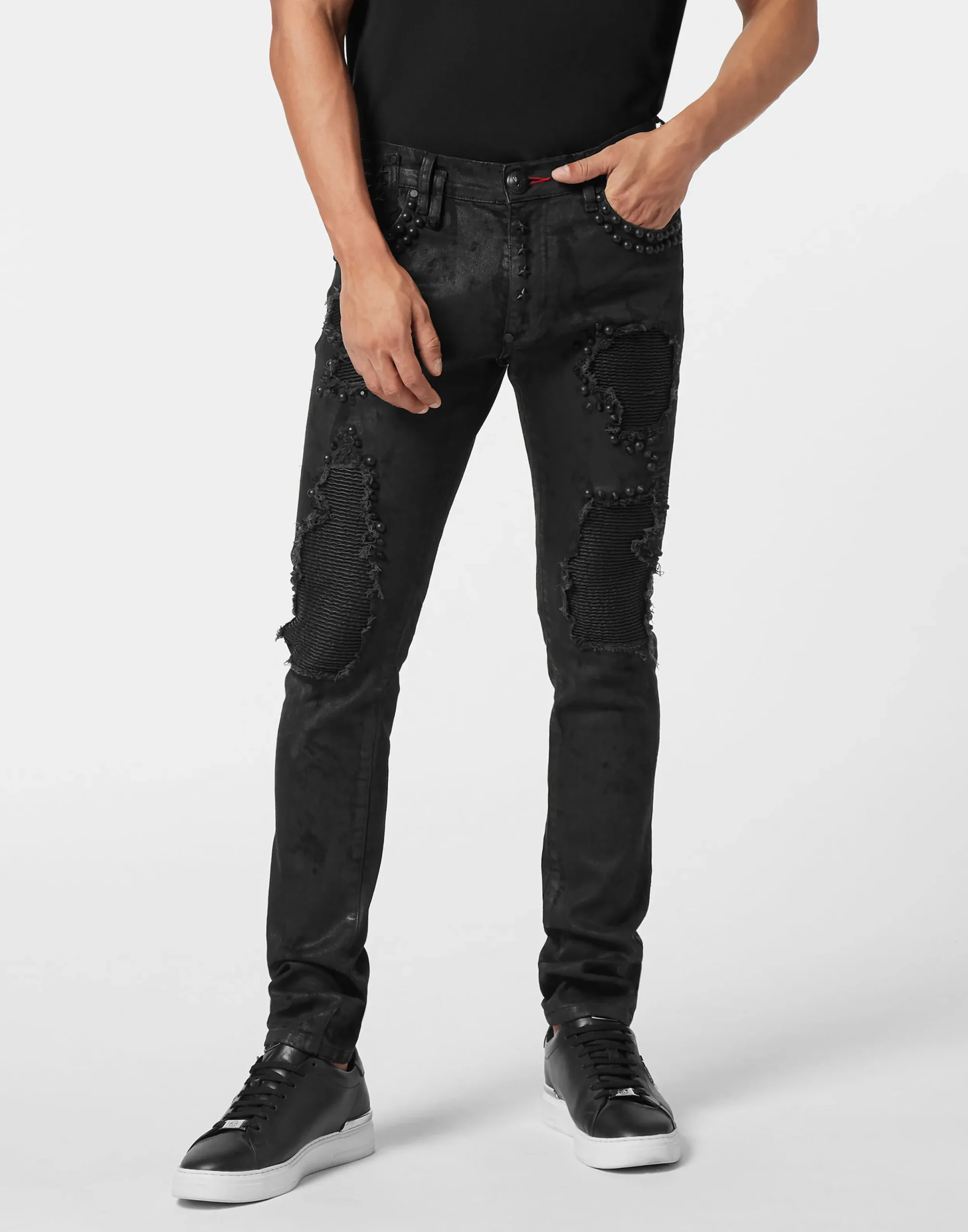 PHILIPP PLEIN Rock Star Fit Jeans with Leather Inserts and Studs>Uomo Denim