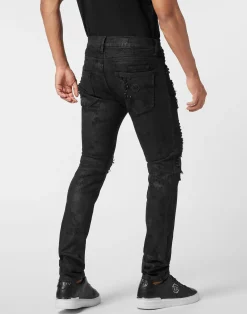 PHILIPP PLEIN Rock Star Fit Jeans with Leather Inserts and Studs><noscript><img data-lazyloaded=
