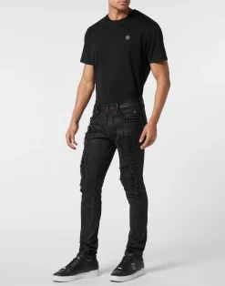PHILIPP PLEIN Rock Star Fit Jeans with Leather Inserts and Studs><noscript><img data-lazyloaded=