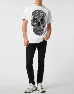 PHILIPP PLEIN Round Neck T-Shirt Skull Strass><noscript><img data-lazyloaded=