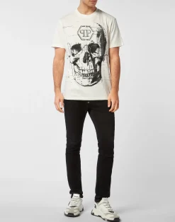 PHILIPP PLEIN Round Neck T-Shirt Skull Strass><noscript><img data-lazyloaded=