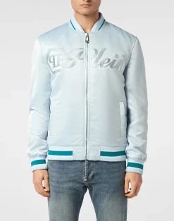 PHILIPP PLEIN Satin Bomber Jacket Logo Strass>Uomo Giacche E Cappotti