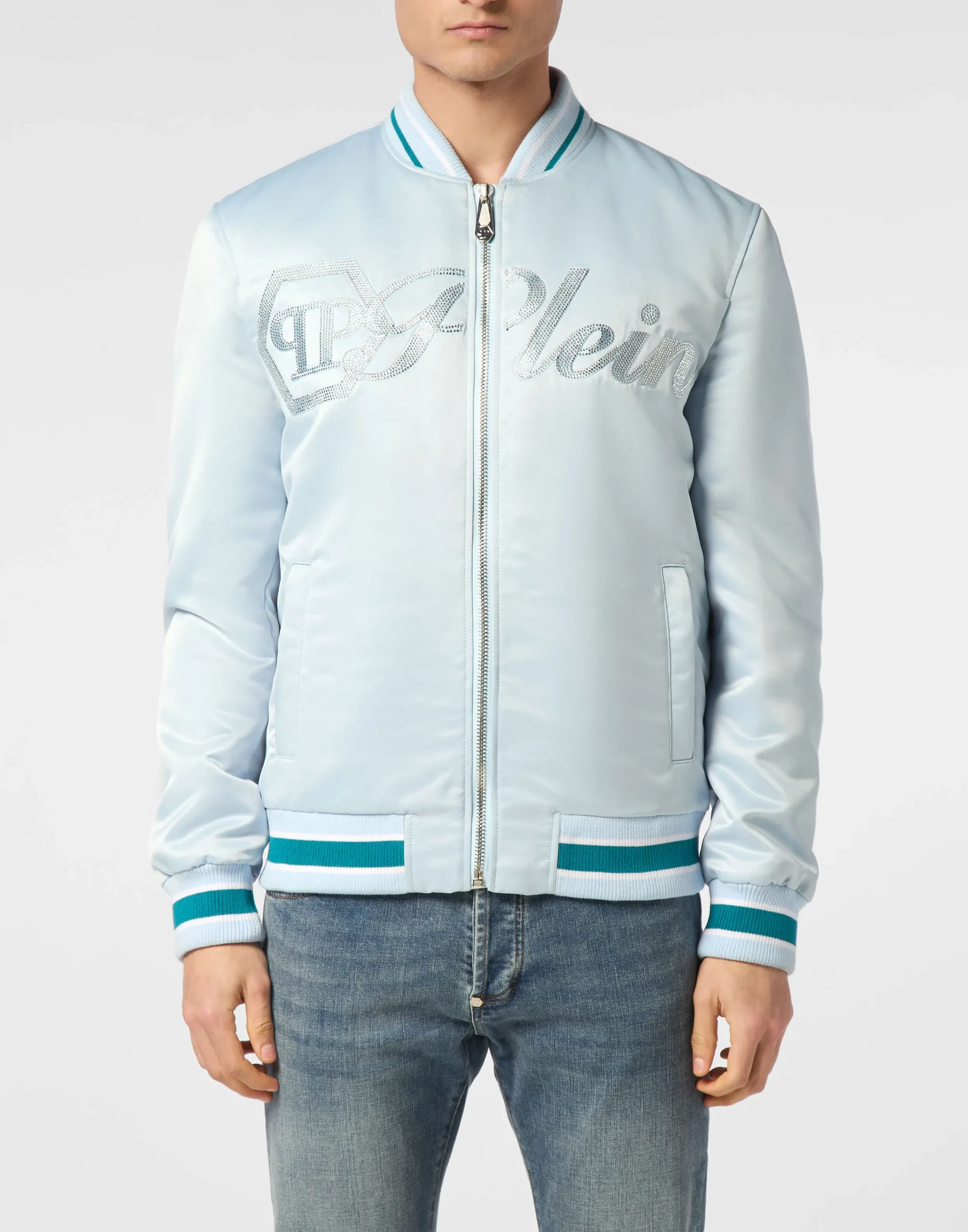 PHILIPP PLEIN Satin Bomber Jacket Logo Strass>Uomo Giacche E Cappotti