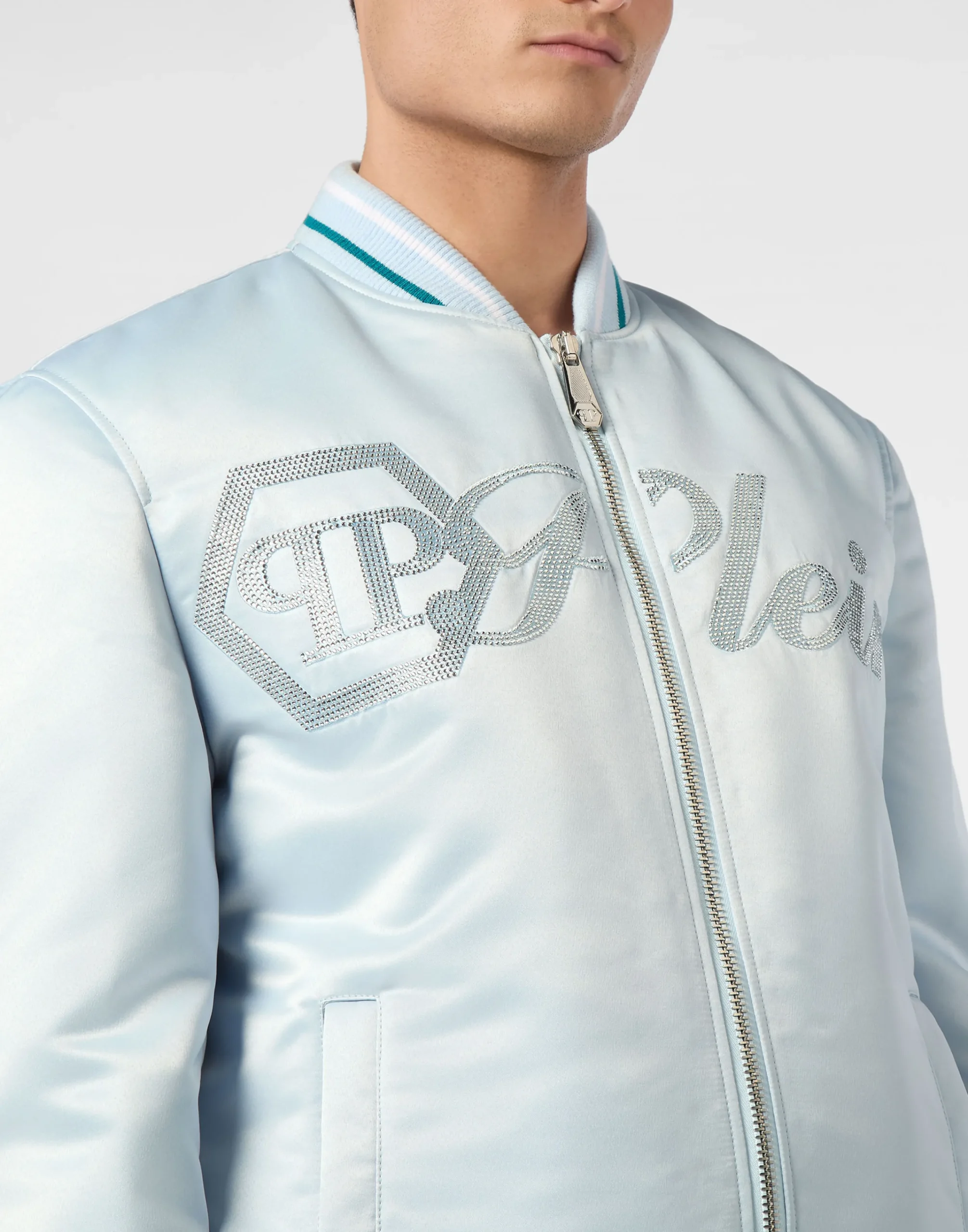 PHILIPP PLEIN Satin Bomber Jacket Logo Strass>Uomo Giacche E Cappotti