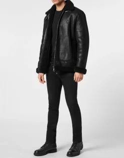PHILIPP PLEIN Shearling Leather Biker Jacket><noscript><img data-lazyloaded=