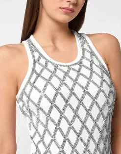 PHILIPP PLEIN Short Tank Dress Crystal Net><noscript><img data-lazyloaded=