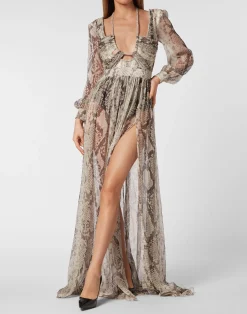 PHILIPP PLEIN Silk Chiffon Long Dress Pitone>Donna Abiti E Gonne