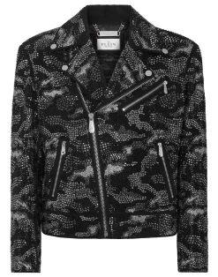 PHILIPP PLEIN Strass Leather Biker Jacket Camouflage>Uomo Giacche Di Pelle|Giacche E Cappotti