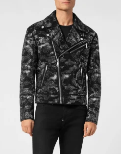 PHILIPP PLEIN Strass Leather Biker Jacket Camouflage>Uomo Giacche Di Pelle|Giacche E Cappotti