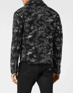 PHILIPP PLEIN Strass Leather Biker Jacket Camouflage><noscript><img data-lazyloaded=