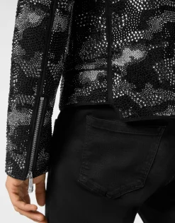 PHILIPP PLEIN Strass Leather Biker Jacket Camouflage><noscript><img data-lazyloaded=