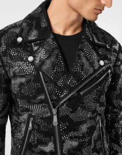 PHILIPP PLEIN Strass Leather Biker Jacket Camouflage><noscript><img data-lazyloaded=