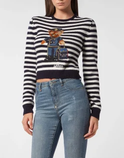 PHILIPP PLEIN Striped Round Neck Pullover Teddy Doorman>Donna Maglieria