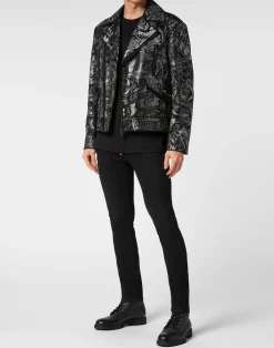 PHILIPP PLEIN Suede Biker Jacket Tattoo><noscript><img data-lazyloaded=