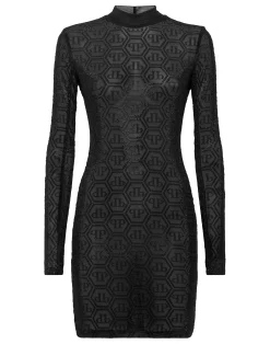 PHILIPP PLEIN Tulle Long-Sleeved Mini Dress Monogram Strass>Donna Abiti E Gonne