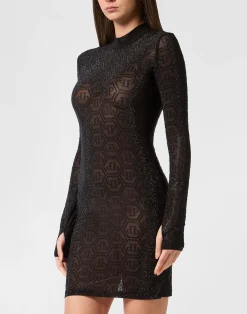 PHILIPP PLEIN Tulle Long-Sleeved Mini Dress Monogram Strass>Donna Abiti E Gonne