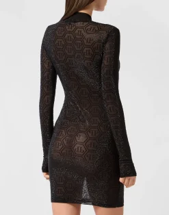 PHILIPP PLEIN Tulle Long-Sleeved Mini Dress Monogram Strass><noscript><img data-lazyloaded=