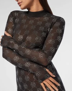 PHILIPP PLEIN Tulle Midi Dress Strass Monogram><noscript><img data-lazyloaded=