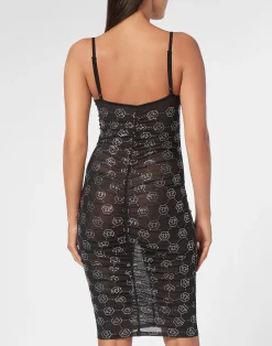 PHILIPP PLEIN Tulle Midi Dress Strass Monogram><noscript><img data-lazyloaded=