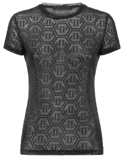 PHILIPP PLEIN Tulle Sexy Pure Fit T-Shirt Monogram Strass>Donna T-Shirt & Polo