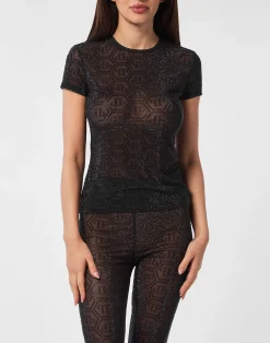 PHILIPP PLEIN Tulle Sexy Pure Fit T-Shirt Monogram Strass>Donna T-Shirt & Polo