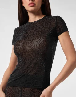 PHILIPP PLEIN Tulle Sexy Pure Fit T-Shirt Monogram Strass><noscript><img data-lazyloaded=