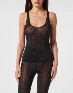 PHILIPP PLEIN Tulle Tank Top Monogram Strass>Donna Top
