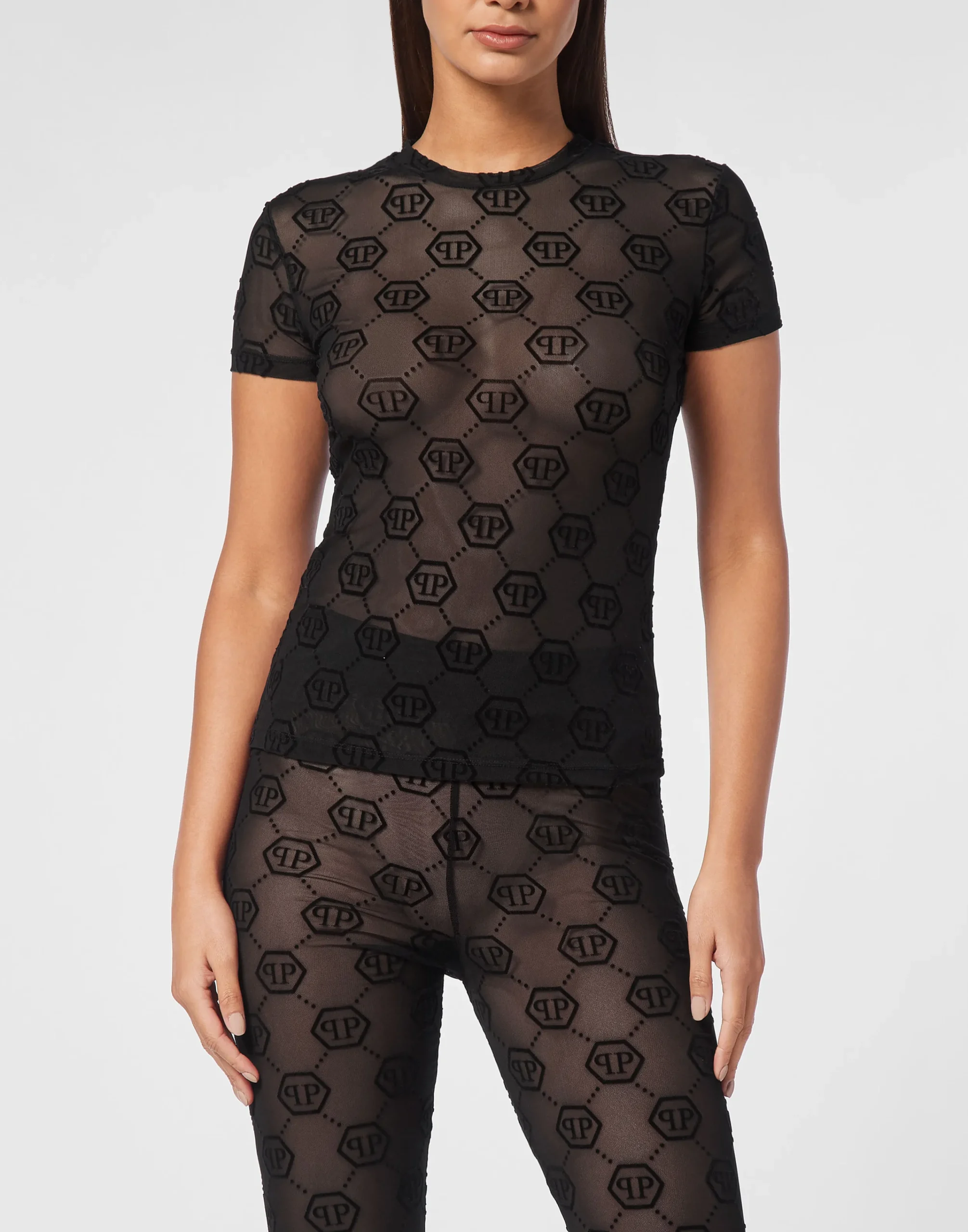 PHILIPP PLEIN Tulle T-shirt Round Neck SS Monogram>Donna T-Shirt & Polo