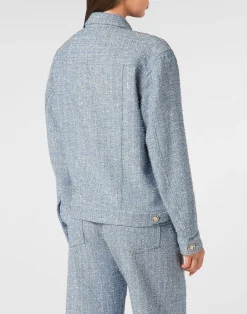 PHILIPP PLEIN Tweed Denim Cropped Jacket><noscript><img data-lazyloaded=