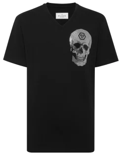 PHILIPP PLEIN V Neck Heavy Cotton T-Shirt Crystal Skull>Uomo T-Shirts