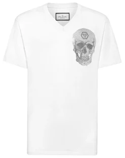 PHILIPP PLEIN V Neck Heavy Cotton T-Shirt Crystal Skull>Uomo T-Shirts