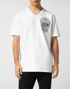 PHILIPP PLEIN V Neck Heavy Cotton T-Shirt Crystal Skull>Uomo T-Shirts