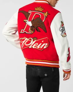 PHILIPP PLEIN Varsity Bomber with Leather Sleeves Eagle><noscript><img data-lazyloaded=