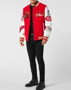 PHILIPP PLEIN Varsity Bomber with Leather Sleeves Eagle><noscript><img data-lazyloaded=