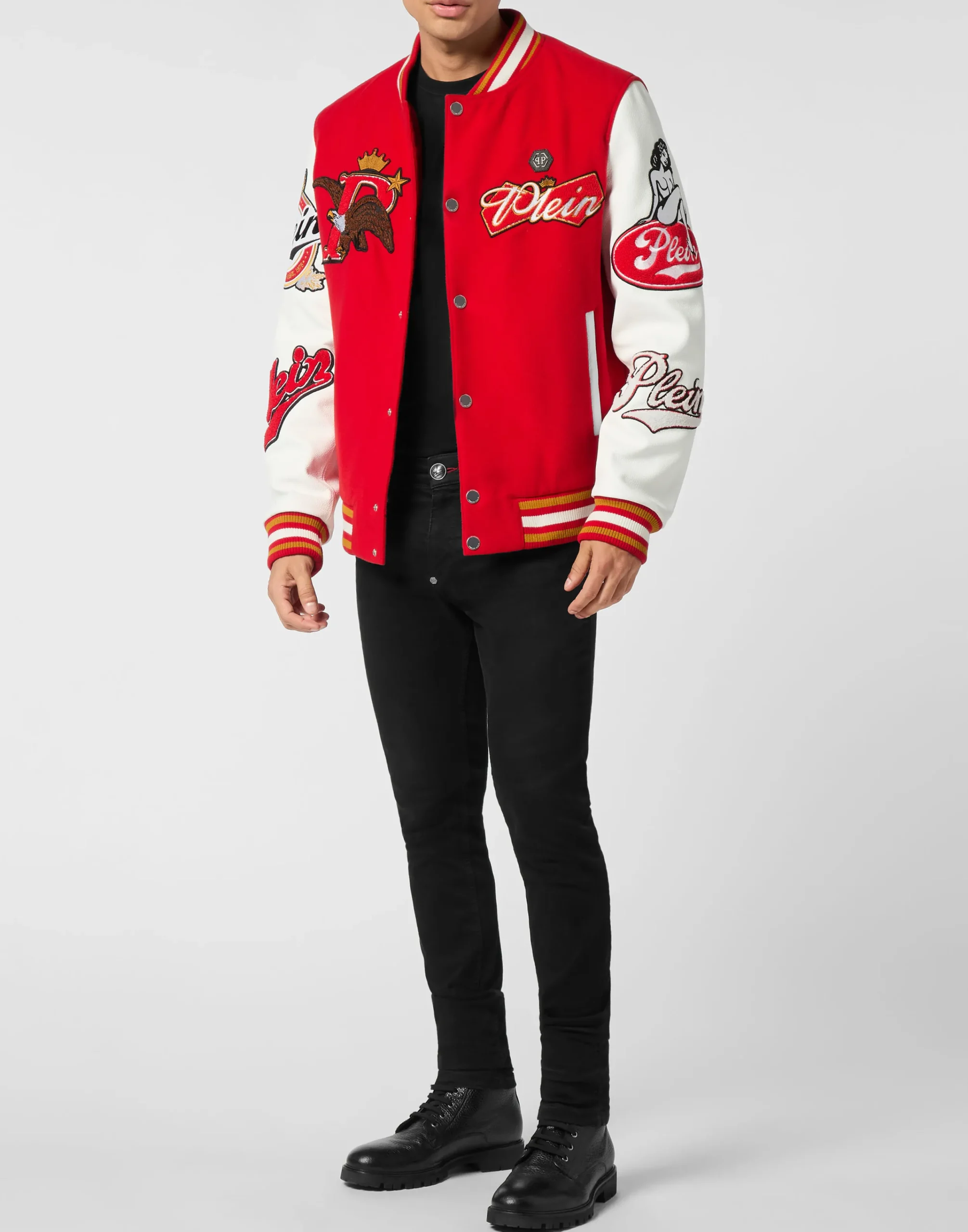 PHILIPP PLEIN Varsity Bomber with Leather Sleeves Eagle>Uomo Giacche E Cappotti