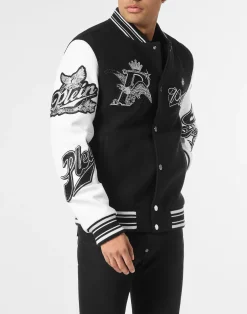 PHILIPP PLEIN Varsity Bomber with Leather Sleeves Crystal Eagle>Uomo Giacche E Cappotti