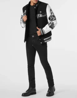 PHILIPP PLEIN Varsity Bomber with Leather Sleeves Crystal Eagle><noscript><img data-lazyloaded=