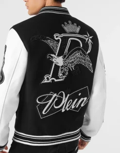 PHILIPP PLEIN Varsity Bomber with Leather Sleeves Crystal Eagle><noscript><img data-lazyloaded=