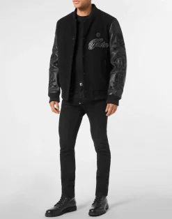 PHILIPP PLEIN Wool & Leather Varsity Bomber Jacket Patches Stones><noscript><img data-lazyloaded=