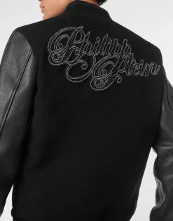 PHILIPP PLEIN Wool & Leather Varsity Bomber Jacket Patches Stones><noscript><img data-lazyloaded=