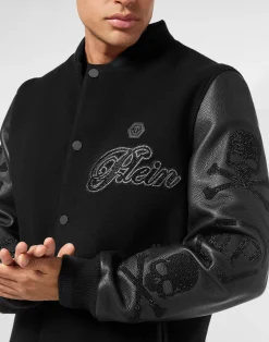 PHILIPP PLEIN Wool & Leather Varsity Bomber Jacket Patches Stones><noscript><img data-lazyloaded=