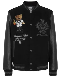 PHILIPP PLEIN Wool & Leather Varsity Bomber Jacket Teddy Stones>Uomo Giacche Di Pelle|Giacche E Cappotti